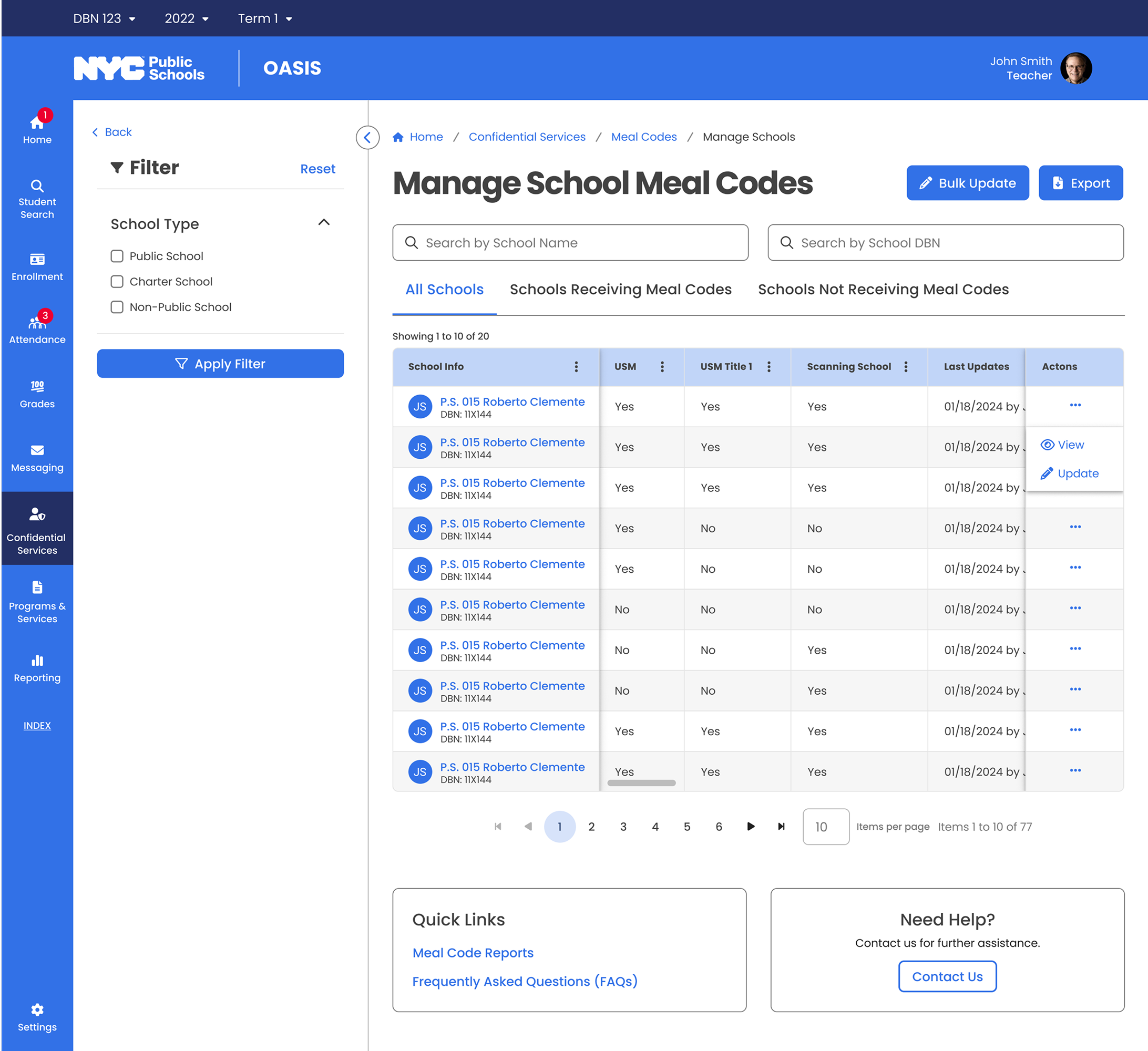 Center user view: multi-school compliance dashboard