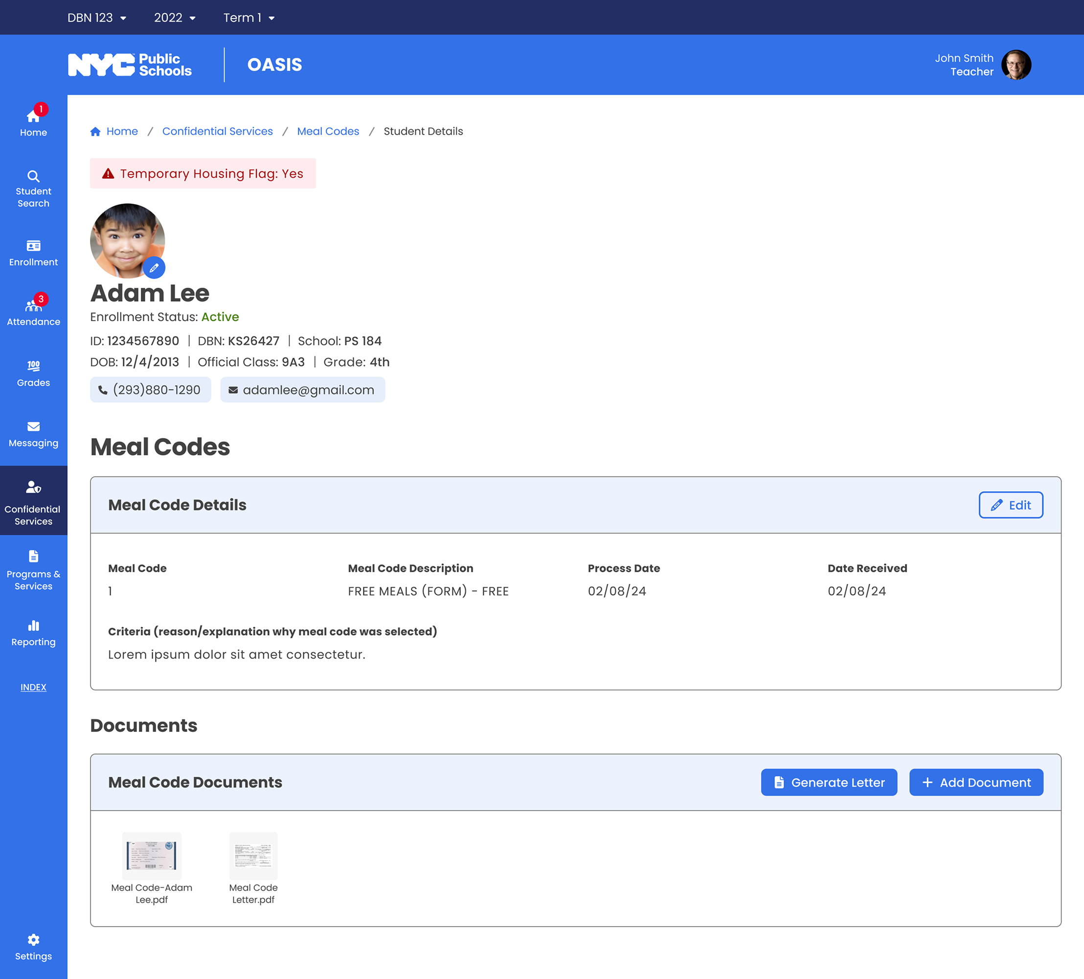 Teacher view: meal eligibility records at classroom level
